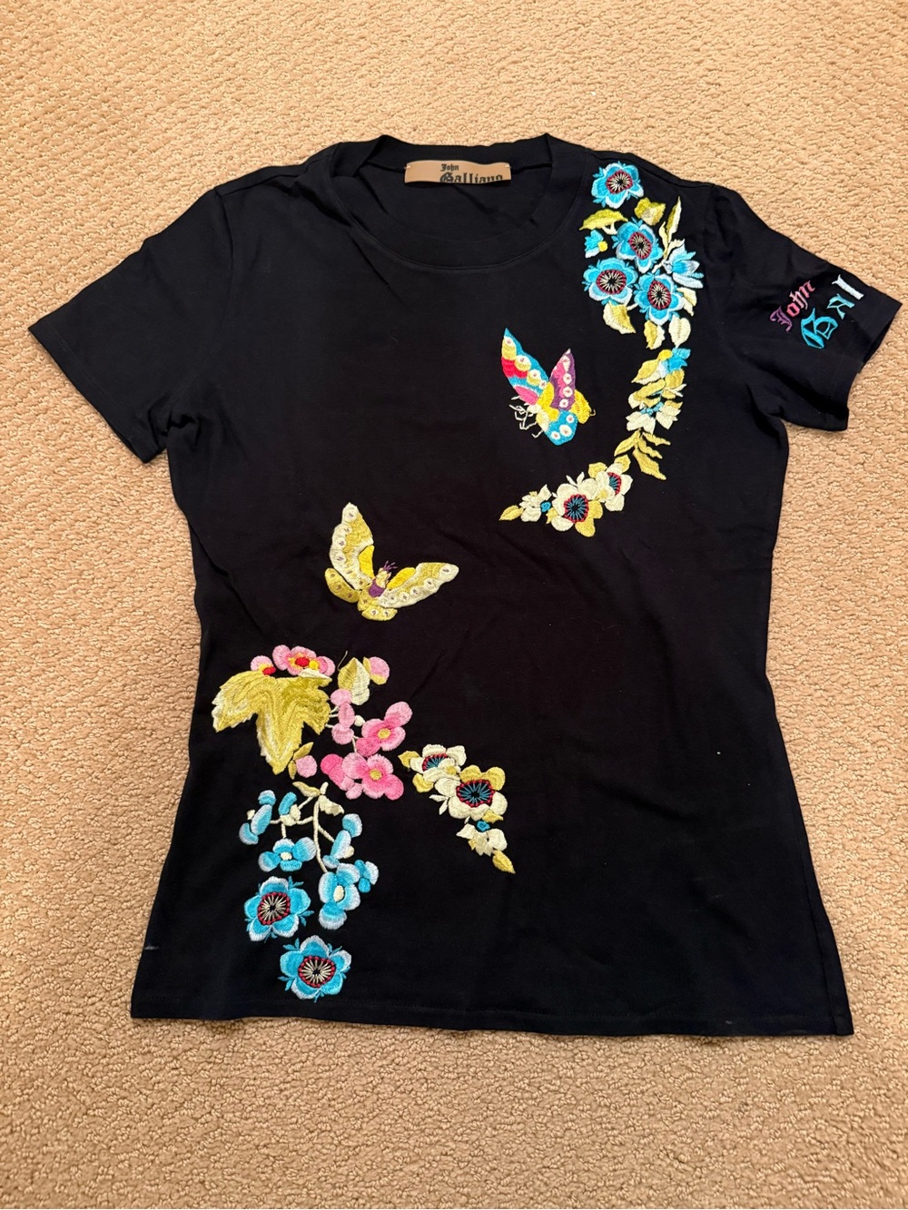 Black Embroidered Butterfly & Floral Tee by John Galliano Size M